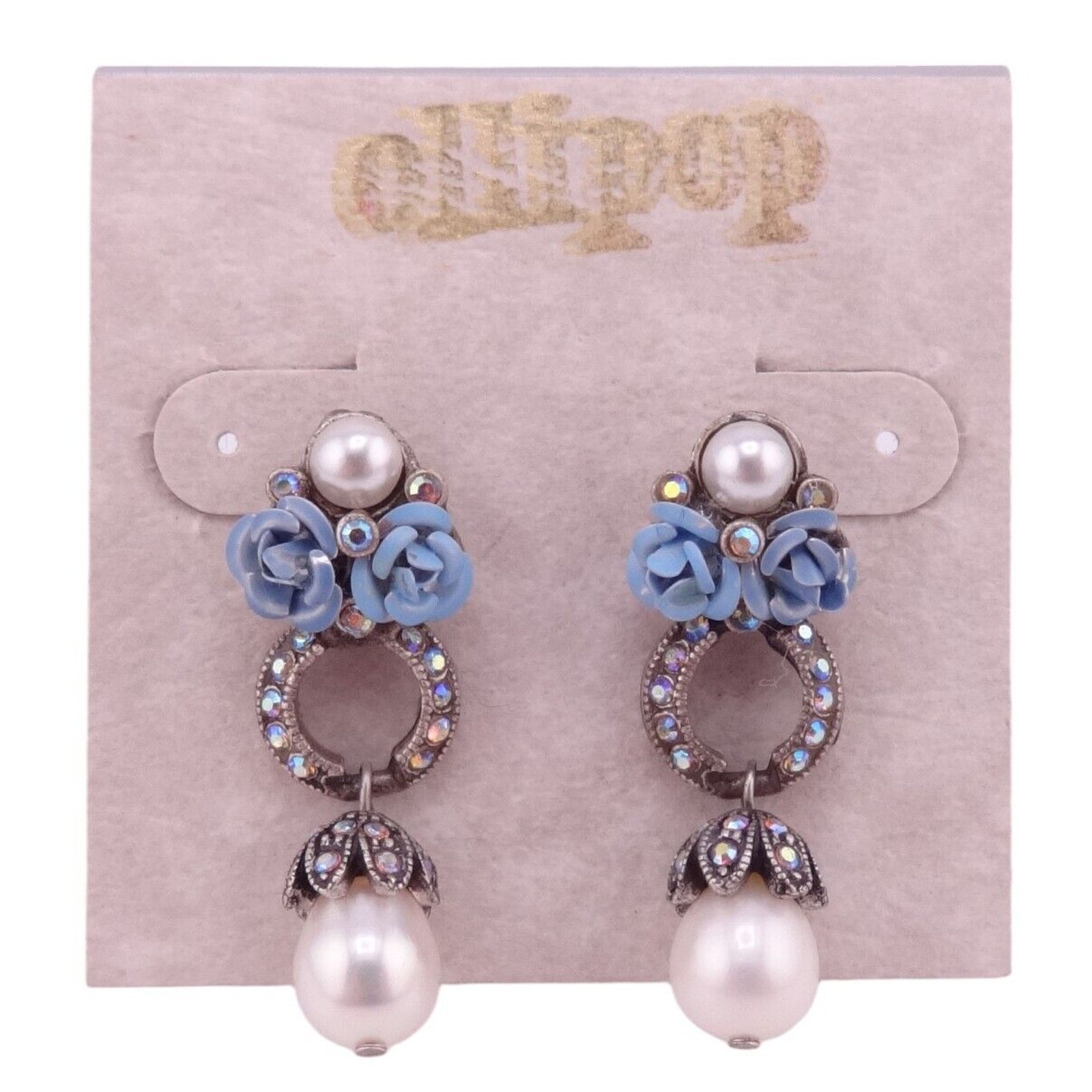 Ollipop By Sweet Romance Baby Blue Roses & Faux Pearls Silver Post Earrings New